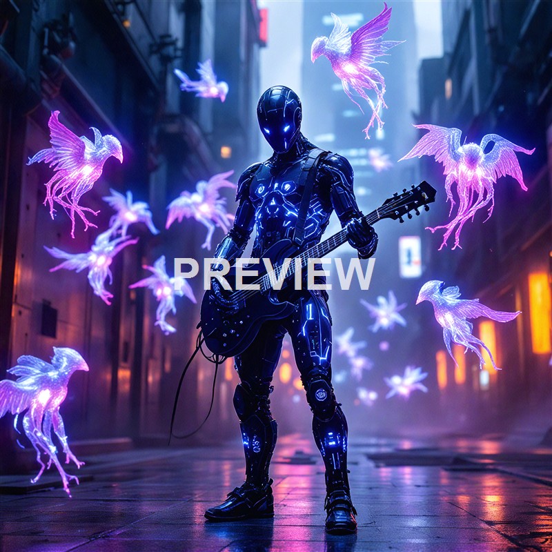 A futuristic humanoid robot with a sleek black and blue glowing exterior is playing an electric guitar amidst floating, glowing purple and pink bird-like holograms on a neon-lit city street.